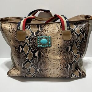 Unbranded Tote Women Large Tan Brown Snakeskin Western Turquoise Americana Stars